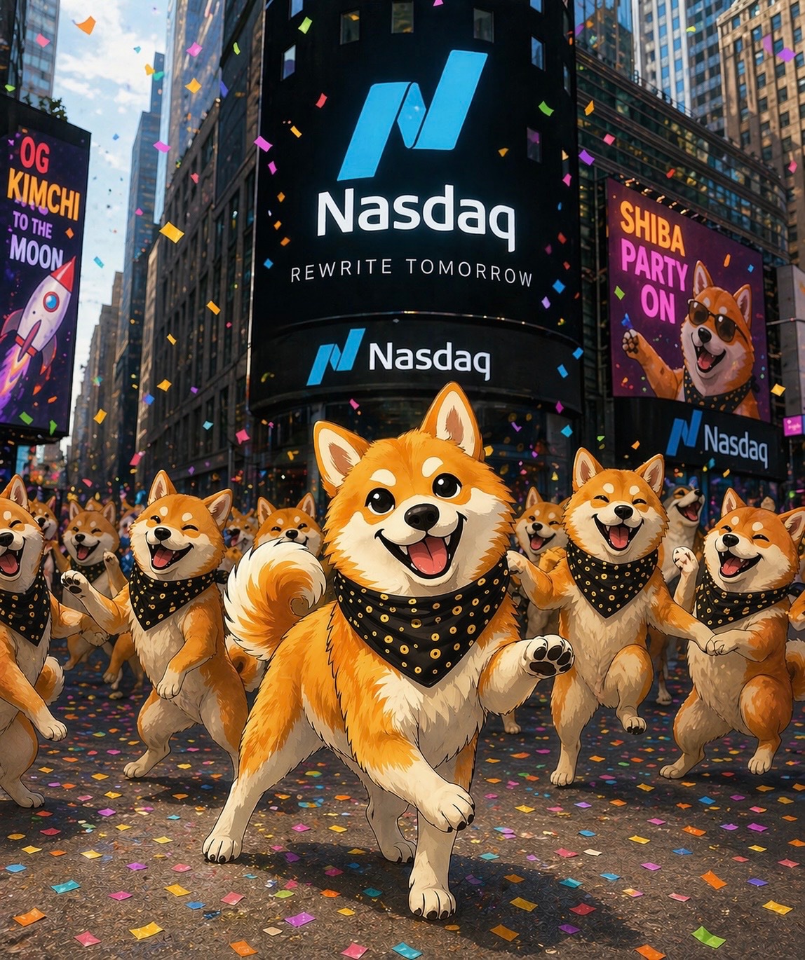$KIMCHI Shiba community celebrating under Nasdaq billboards in Times Square