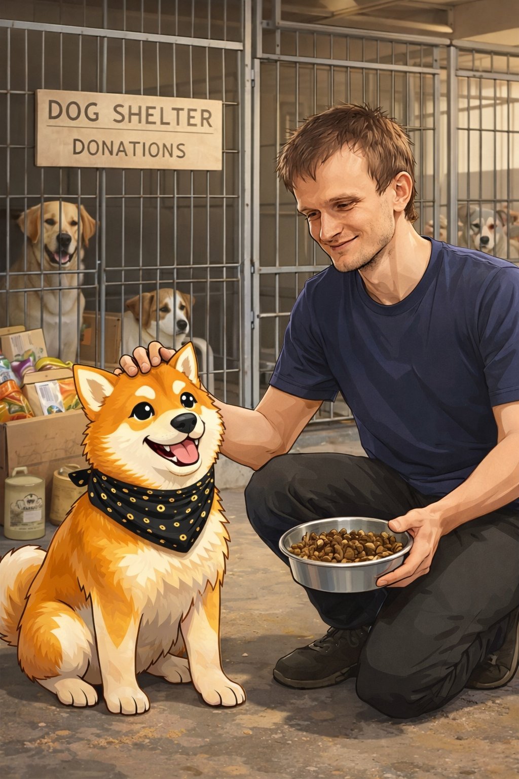 Vitalik Buterin with the $KIMCHI Shiba at a dog shelter donation drive